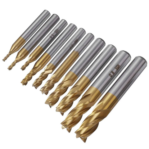 End mills, titanium-coated, 4-flute, straight shank; pack of 10 in sizes 5/64"–3/8".