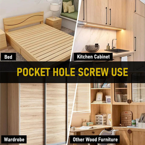 Potential uses of 600Pcs Size 8 By 1 Inch Pocket Hole Screws For Woodworking shown on bed, kitchen cabinet, wardrobe, and furniture.