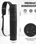 Product dimensions of a Lightweight Back Archery Quiver With Foldable Compact Hip Bag, featuring PVC Oxford material with padded strap.