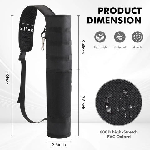 Product dimensions of a Lightweight Back Archery Quiver With Foldable Compact Hip Bag, featuring PVC Oxford material with padded strap.