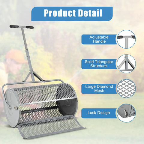 Large 27 Inch Compost Spreader for Lawn and Garden With Adjustable Handle Durable Roller Spreader, showing product details