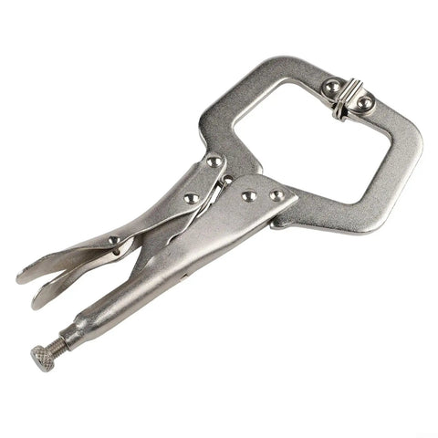 Solid 9 Inch Locking C Clamp Steel Welding Pliers Grip Wood Tenon Locator With Wide Jaws showing shiny stainless steel material.