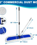 Pro Level Commercial Dust Mop Featuring A Telescopic Stainless Handle And Hella Absorbent Blue Cotton Pad For Quick Floor Sweep And Tight Dust Removal On Hardwood Floors Today, showing dimensions.