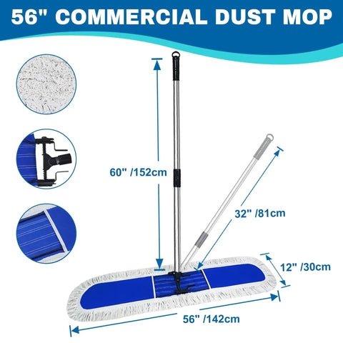 Pro Level Commercial Dust Mop Featuring A Telescopic Stainless Handle And Hella Absorbent Blue Cotton Pad For Quick Floor Sweep And Tight Dust Removal On Hardwood Floors Today, showing dimensions.
