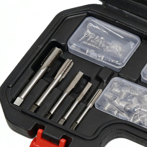 Professional Thread Repair Kit With Precision M5 To M12 Inserts showing assorted taps and inserts in a storage case.