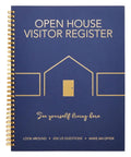 Navy blue Open House Visitor Register with gold spiral binding, part of Open House Guest Sign In Book And Realtor Tent Cards Set 2 Pack.