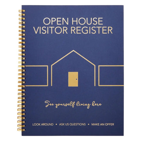 Navy blue Open House Visitor Register with gold spiral binding, part of Open House Guest Sign In Book And Realtor Tent Cards Set 2 Pack.