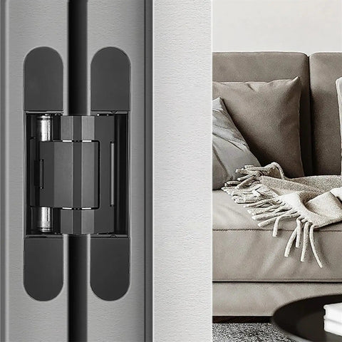 Bombproof 180 Degree Concealed Cabinet Door Hinges With Hassle Free Adjustment Crafted From Heavy Duty Steel Featuring Black Hydraulic Soft Close Bearing detailed view on gray cabinetry.