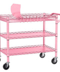 Rock Solid Heavy Duty Pink Metal Rolling Cart With Three Roomy Shelves And Smooth Rolling Wheels, showcasing sturdy design and adjustable height.
