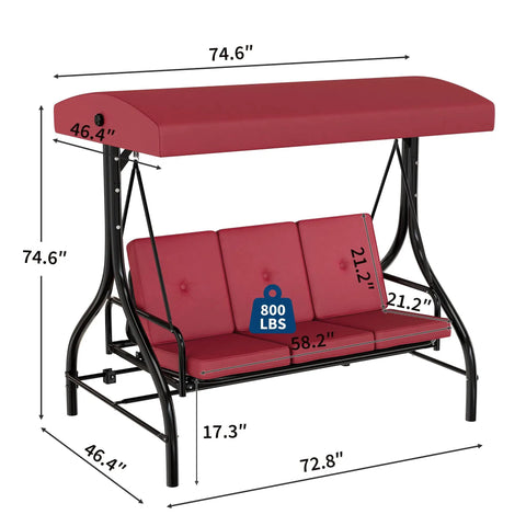 Three Seat Go To Outdoor Patio Swing With Adjustable Canopy And Backrest Thickened Removable Cushions Converts To Bed Iron Frame