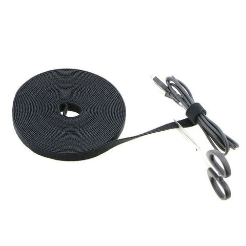 Double-Sided Cable Tie Tape 3/4 Inch Nylon Hook And Loop Wire Management Roll with cable and scissors.