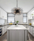 Black Sputnik Starburst Chandelier With 12 Lights 24 Inches Mid Century Firework Pendant Light Fixture in modern kitchen