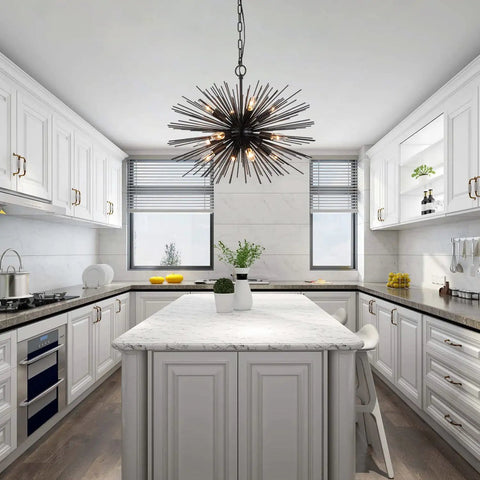 Black Sputnik Starburst Chandelier With 12 Lights 24 Inches Mid Century Firework Pendant Light Fixture in modern kitchen