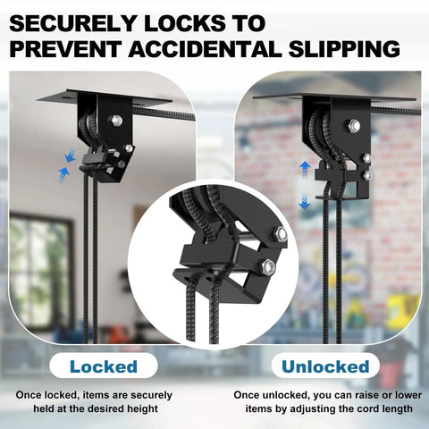 Beefy Cargo Box Ceiling Hoist With 3 Pulleys, showing secure lock mechanism and rope adjustments for garage lift system installation.