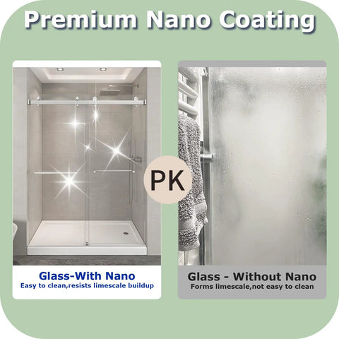 Heavy Duty Frameless Double Bypass Sliding Shower Door 55 To 60 Inches Wide By 76 Inches Tall displaying premium nano coating benefits.