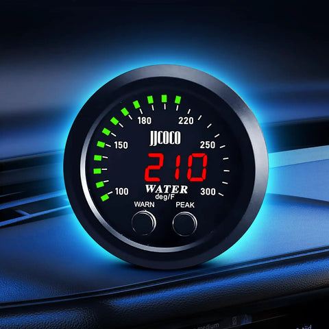 52mm Digital Water Temperature Gauge With Alarm for Cars, Trucks and Boats, 1/8 NPT Sensor, 12V/24V DC Power, Red Display With Green Ambient Light, 100-300F (38-150C), Plug and Play Ultra Accurate Auto Gauge on dashboard