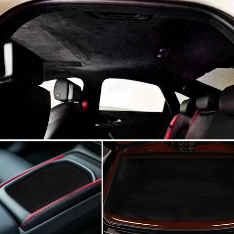 Babnecl suede auto headliner fabric in black with foam backing, 98 in L × 60 in W for car roof.
Babnecl suede auto headliner fabric close-up; black suede texture with red-stitch trim nearby.
Installed Babnecl suede auto headliner fabric in car roof area; black suede with foam backing.
