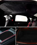 Babnecl black suede auto headliner fabric with foam backing; shown installed on car roof and in trunk area.
