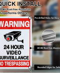 2 Pack No Trespassing Signs For Private Property With Round The Clock Video Surveillance Reflective Aluminum UV Protected Waterproof Security Camera Signs For Home Yard Fence Driveway 10 By 7 Inches, 24 hour warning sign with pre-drilled holes