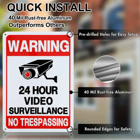 2 Pack No Trespassing Signs For Private Property With Round The Clock Video Surveillance Reflective Aluminum UV Protected Waterproof Security Camera Signs For Home Yard Fence Driveway 10 By 7 Inches, 24 hour warning sign with pre-drilled holes