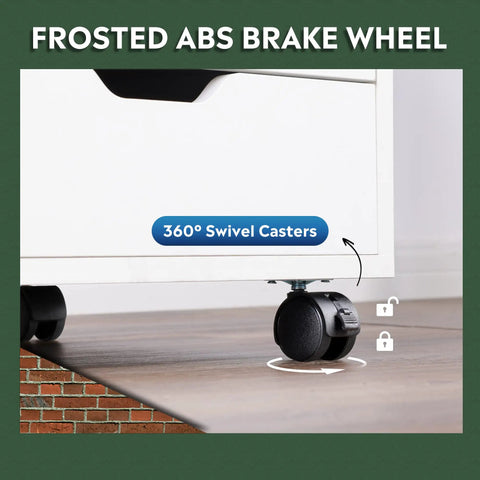 Close-up of swivel caster with brake on Five Drawer Wood Storage Cabinet With Wheels, White Modern Organizer