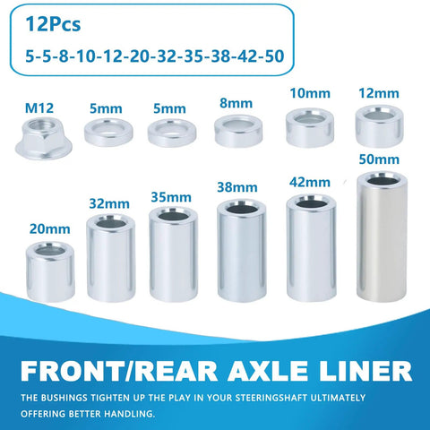 Beefy Eleven Piece M12 Axle Bushing Spacer Kit In Steel For Most Motorcycles With A Classic 12mm Axle Fit Inner Diameter About 12.2mm Outer Diameter 19mm And Lengths From 5mm To 50mm Includes M12 Nut Built Tough For A Snug Durable Ride. 12-piece steel axle spacer kit with M12 nut and sizes 5mm to 50mm