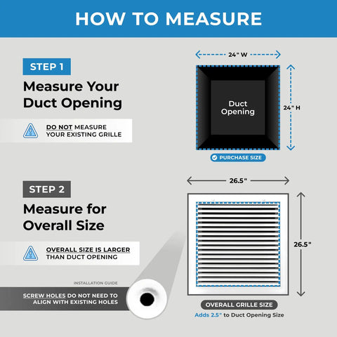 Diagram showing how to measure for Aluminum Return Air Grille 24 By 24 Inches For 1 Inch Filters With Easy Airflow And Linear Bar Design.
