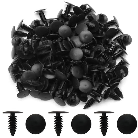 Built Tough Plastic Push Rivet Clips For Auto Bumper Fender Trim Panels Universal Seven Millimeter Snap Fit No Sweat Install Rock Solid Hold Durable Black Two Hundred Pack piled together with various angles visible.