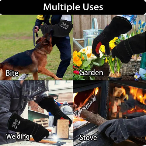 Long Welding Gloves 23.6 Inch Heat Resistant Leather With Kevlar used in various tasks like gardening, welding, and stove handling