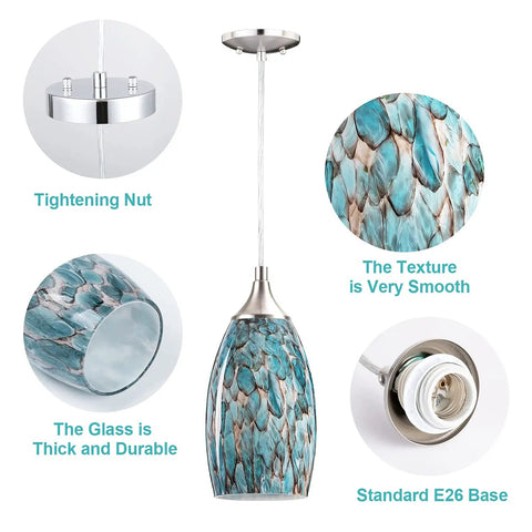 Three Light Pendant Set For Kitchen Island With Hand Blown Blue Glass Shades Chrome Canopy Adjustable Cords texture, base, details