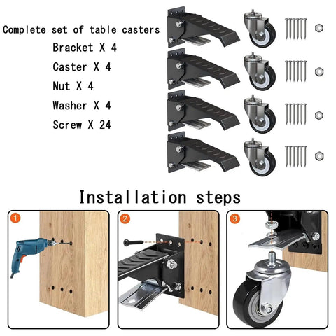 Installation steps for Heavy Duty Retractable Workbench Caster Kit Set Of Four With Hella Sturdy Side Mounting Brackets.