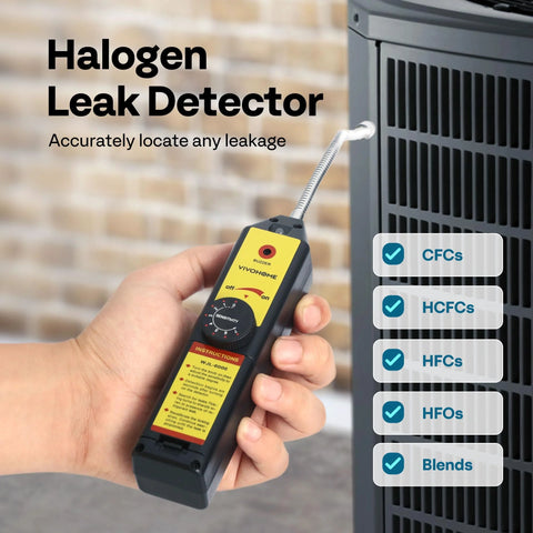 Front view of VIVOHOME handheld refrigerant leak detector with flexible probe near outdoor AC unit