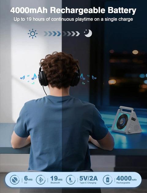 Person with headphones using Portable CD Player With Bluetooth And RGB Lights 4000mAh Rechargeable Home Audio Player With Built In Speakers.