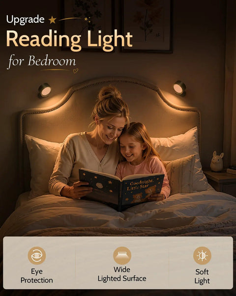 Cordless Rechargeable Wall Sconces With Remote, Magnetic Led Bedside Lamp In Sleek Black lighting up a cozy bedroom reading scene.