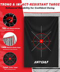 Heavy Duty 10x7 Foot Golf Practice Net With Dual Turf Mat Noise Reduced Target Cloth Indoor Outdoor Hitting Net For Backyard Driving Chipping Garage Training Great Gift For Men And Boys, showing impact-resistant target with red circle design and durable black netting.