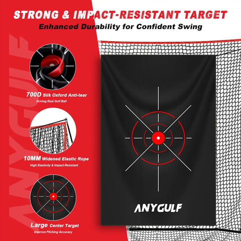 Heavy Duty 10x7 Foot Golf Practice Net With Dual Turf Mat Noise Reduced Target Cloth Indoor Outdoor Hitting Net For Backyard Driving Chipping Garage Training Great Gift For Men And Boys, showing impact-resistant target with red circle design and durable black netting.