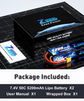 2S 7.4V Beefy 5200mAh 50C LiPo Battery With XT60 Plug Hard Case packaging with included accessories displayed on table