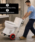 Man using Toilet Lift Cart With Wheels, Seat Lifter, And Plumbing Dolly For Disabled Use in bathroom for easy toilet installation.