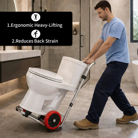 Man using Toilet Lift Cart With Wheels, Seat Lifter, And Plumbing Dolly For Disabled Use in bathroom for easy toilet installation.