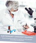 Scientist using Two Set Electromagnet Experiment Kit for Kids and Teens with lab tools and microscope.