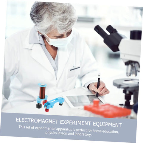 Scientist using Two Set Electromagnet Experiment Kit for Kids and Teens with lab tools and microscope.