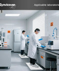 Two lab technicians using Heavy Duty Sticky Entrance Mats 17 X 13 Inches 5 Pack 150 Sheets Adhesive Floor Pads in a clean laboratory.