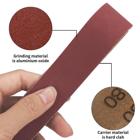 Heavy Duty Mixed Grit Sanding Belts For Mini Belt Grinders 1.2 X 13 Aluminum Oxide Strips 120 To 1000 Assorted Pack shown in hand.