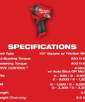 Stubby Half Inch Cordless Impact Wrench with specifications; 4.9 inch length, 250 ft-lbs breakaway torque, red finish.