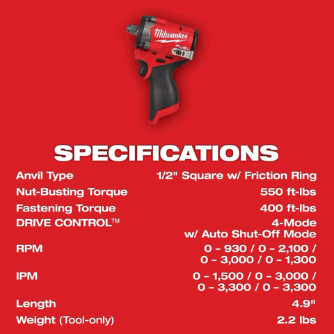 Stubby Half Inch Cordless Impact Wrench with specifications; 4.9 inch length, 250 ft-lbs breakaway torque, red finish.