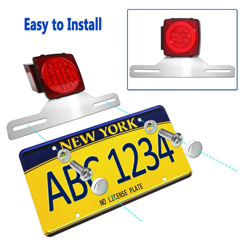 Heavy Duty Stainless Steel Trailer License Plate Bracket For Trucks RVs And Boats Chrome Tag Frame 2 Pack With Screw Caps And Reflective Strip Built To Last And Resists Vibration On The Road shown with yellow license plate and red light easy installation.
