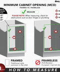 Minimum cabinet opening guide showing framed vs frameless designs with measurements for height, width, and depth.