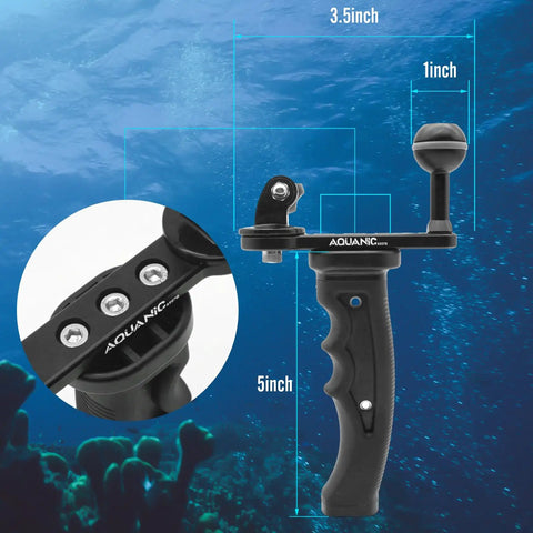 Underwater Camera Tray Bracket with Waterproof Housing and Handheld Grip for GoPro Cameras, size dimensions visible, ocean background.