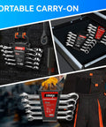 10-Piece Ratcheting Wrench Set With Rack Organizer showcased in storage and being held, SAE and Metric, 12-Point 72-Tooth