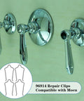 Wall-mounted chrome faucets with 4 Pack Stainless Steel Faucet Retainer Clips For 1222 Compatibility shown in diagram.
